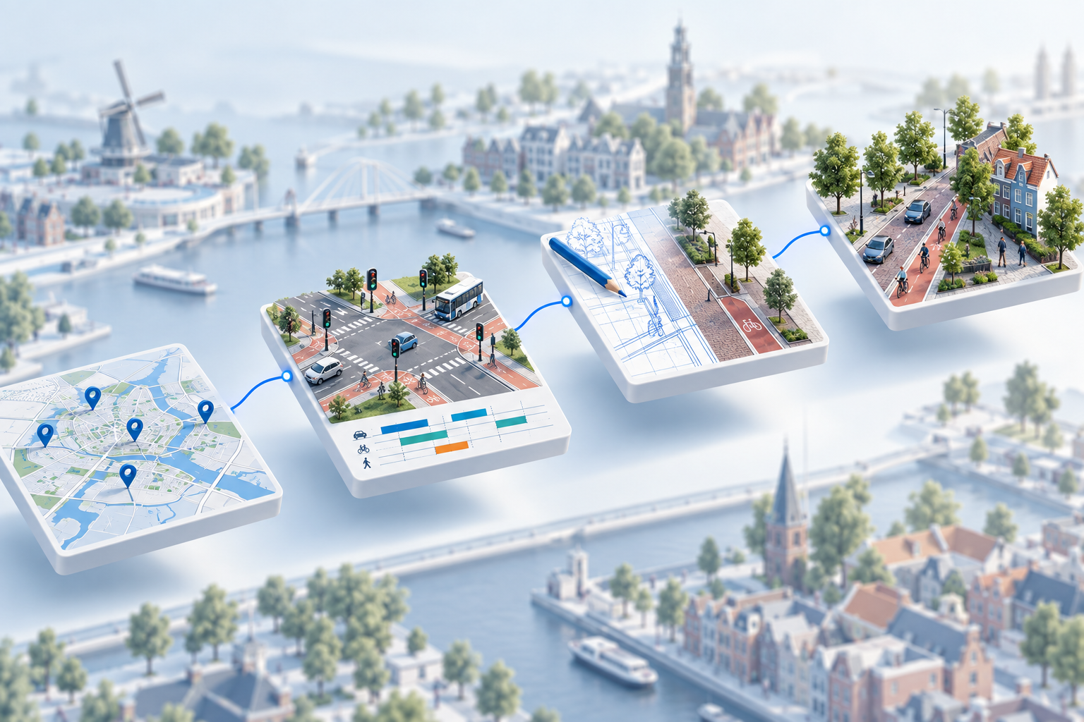Concept illustration of connected steps: studying a location, understanding traffic, designing a change and putting it into practice.