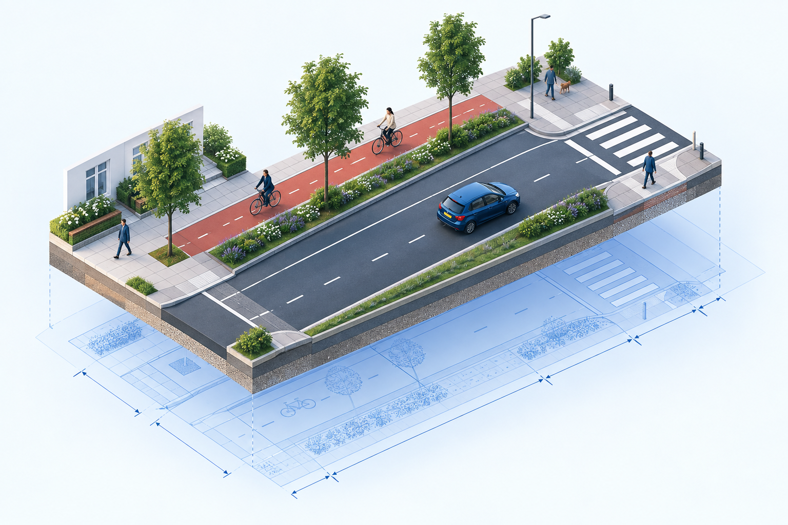 Conceptillustratie van de ruimte voor lopen, fietsen, autoverkeer en groen in een Nederlands straatprofiel.