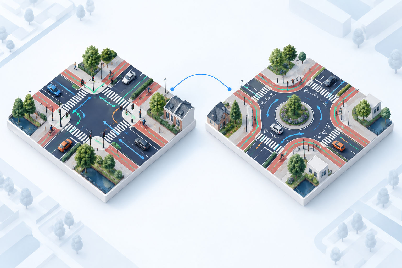 Conceptillustratie van een kruispunt en een rotonde naast elkaar, met verkeersstromen om varianten te vergelijken.