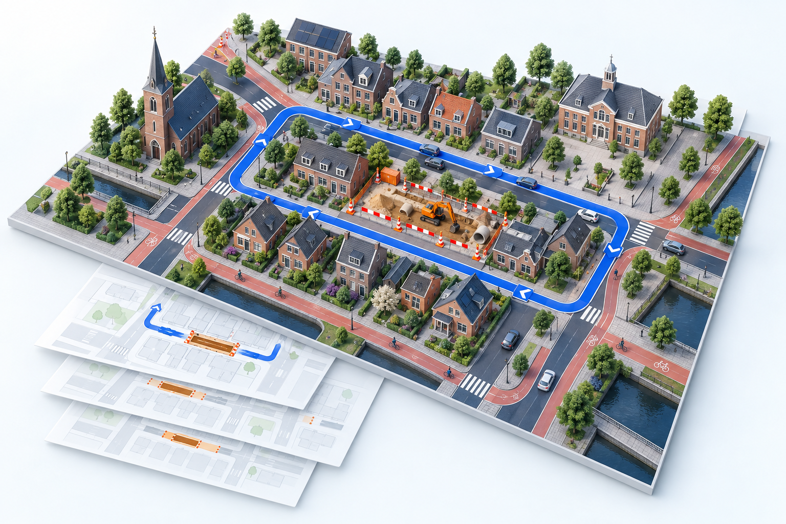 Conceptillustratie van werkzaamheden in een wijk met een omleiding en kaarten voor opeenvolgende uitvoeringsfasen.