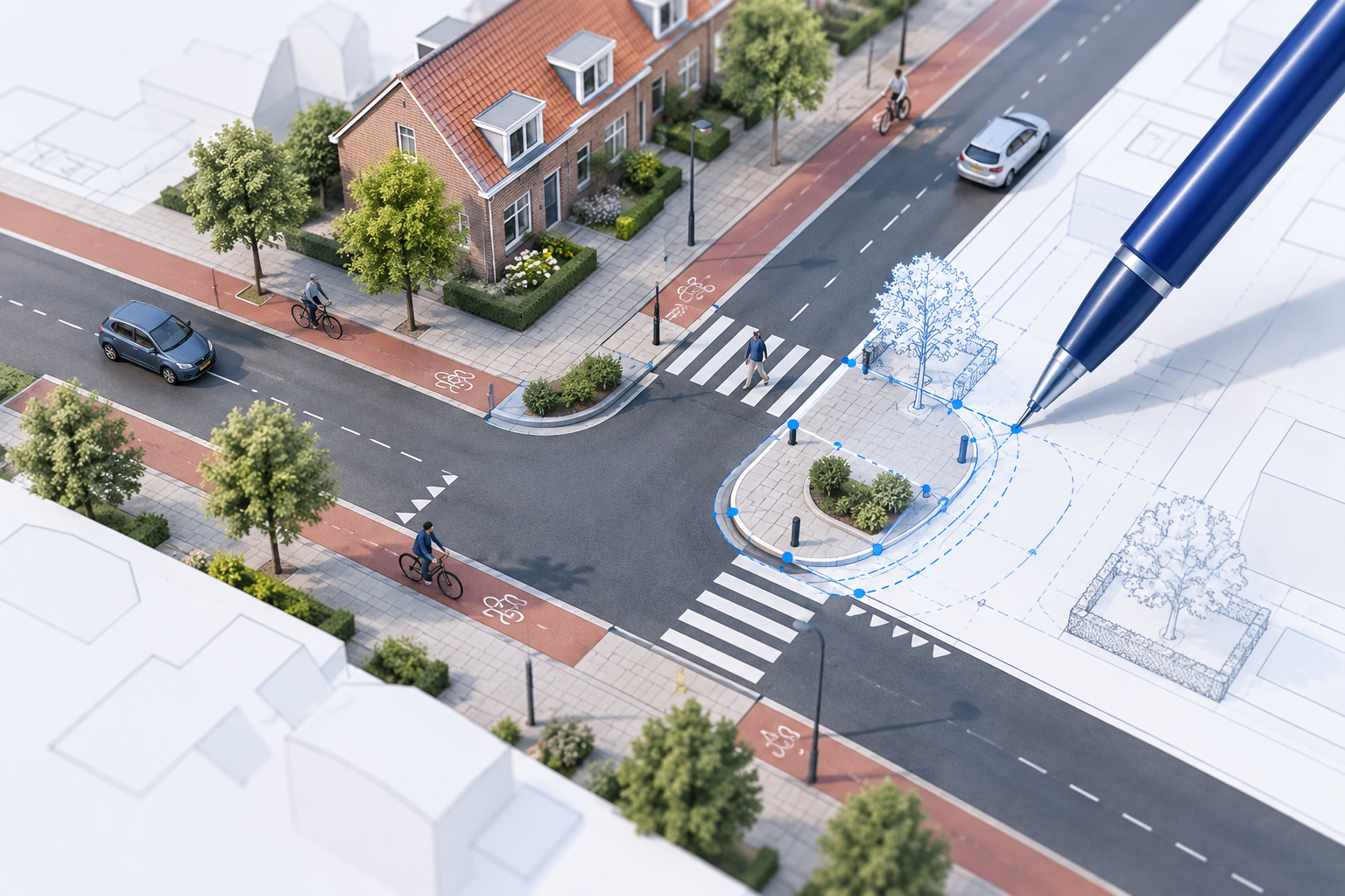 Illustratie van een pen die een verkeersmaatregel tekent op een kaart van een Nederlandse straat.